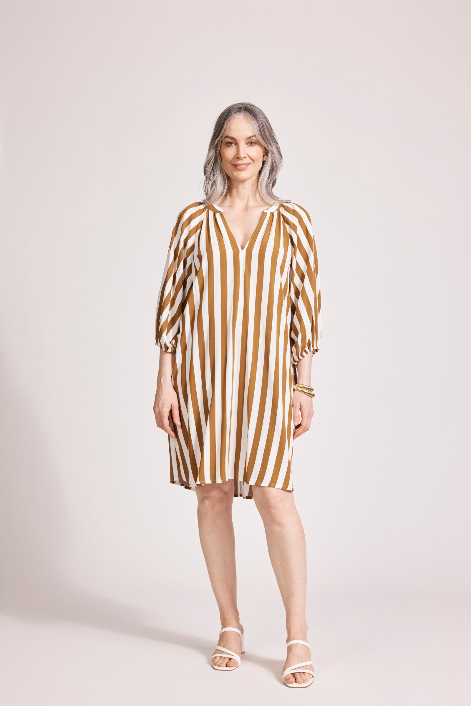 TREVILLE STRIPE DRESS CARAMEL