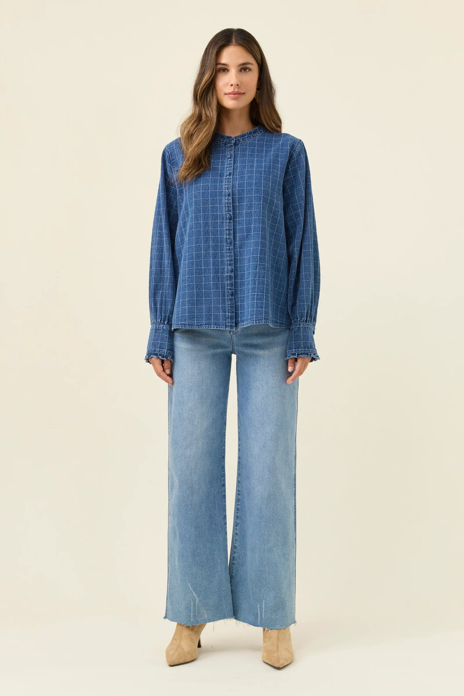SLOANE DENIM FRILL SHIRT CHECK