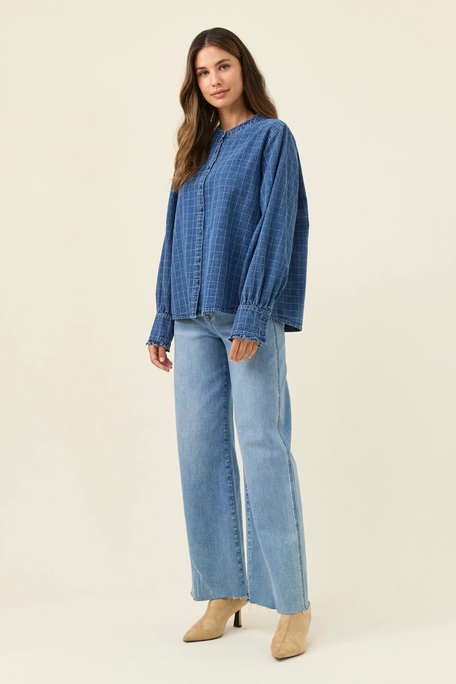 SLOANE DENIM FRILL SHIRT CHECK
