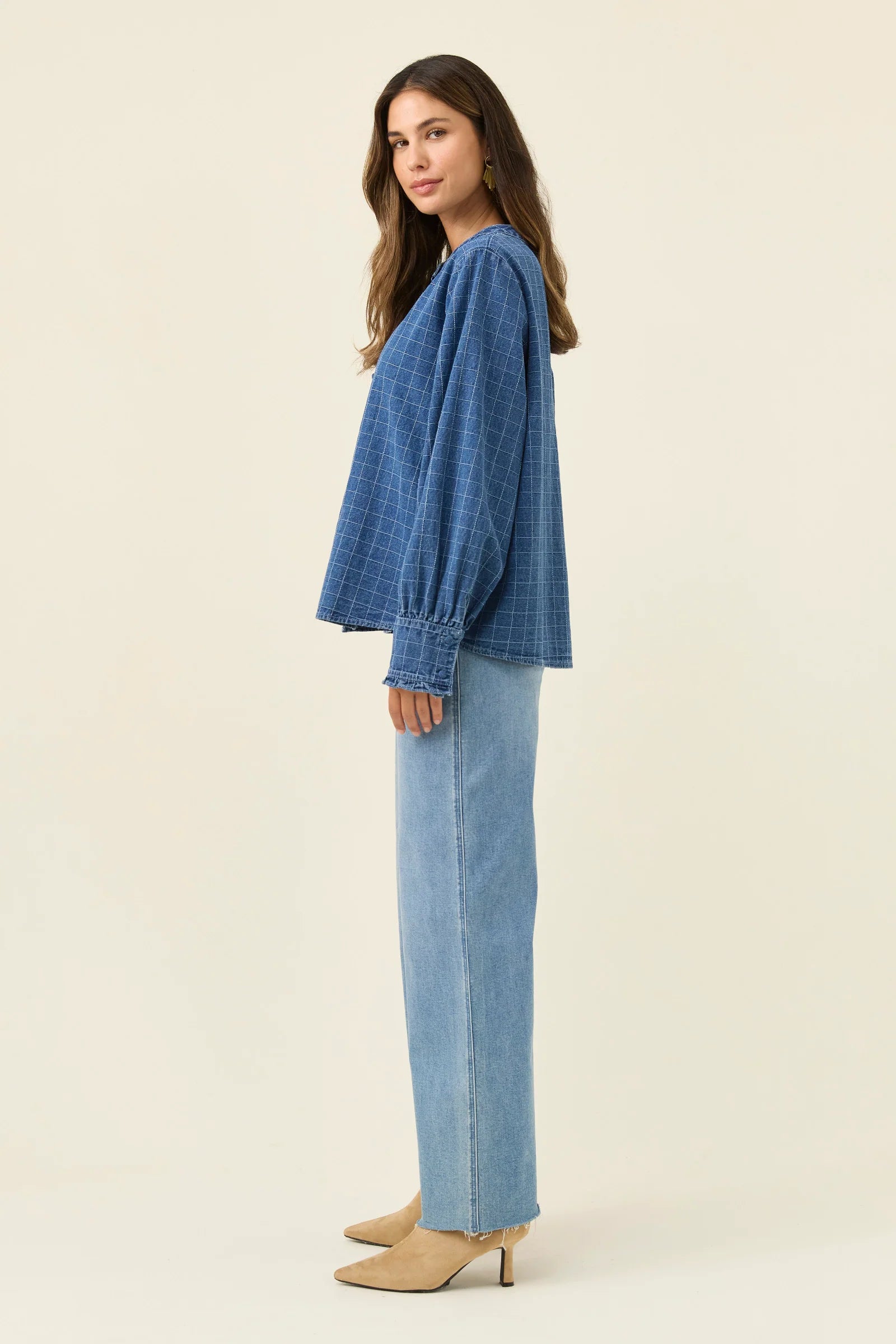 SLOANE DENIM FRILL SHIRT CHECK