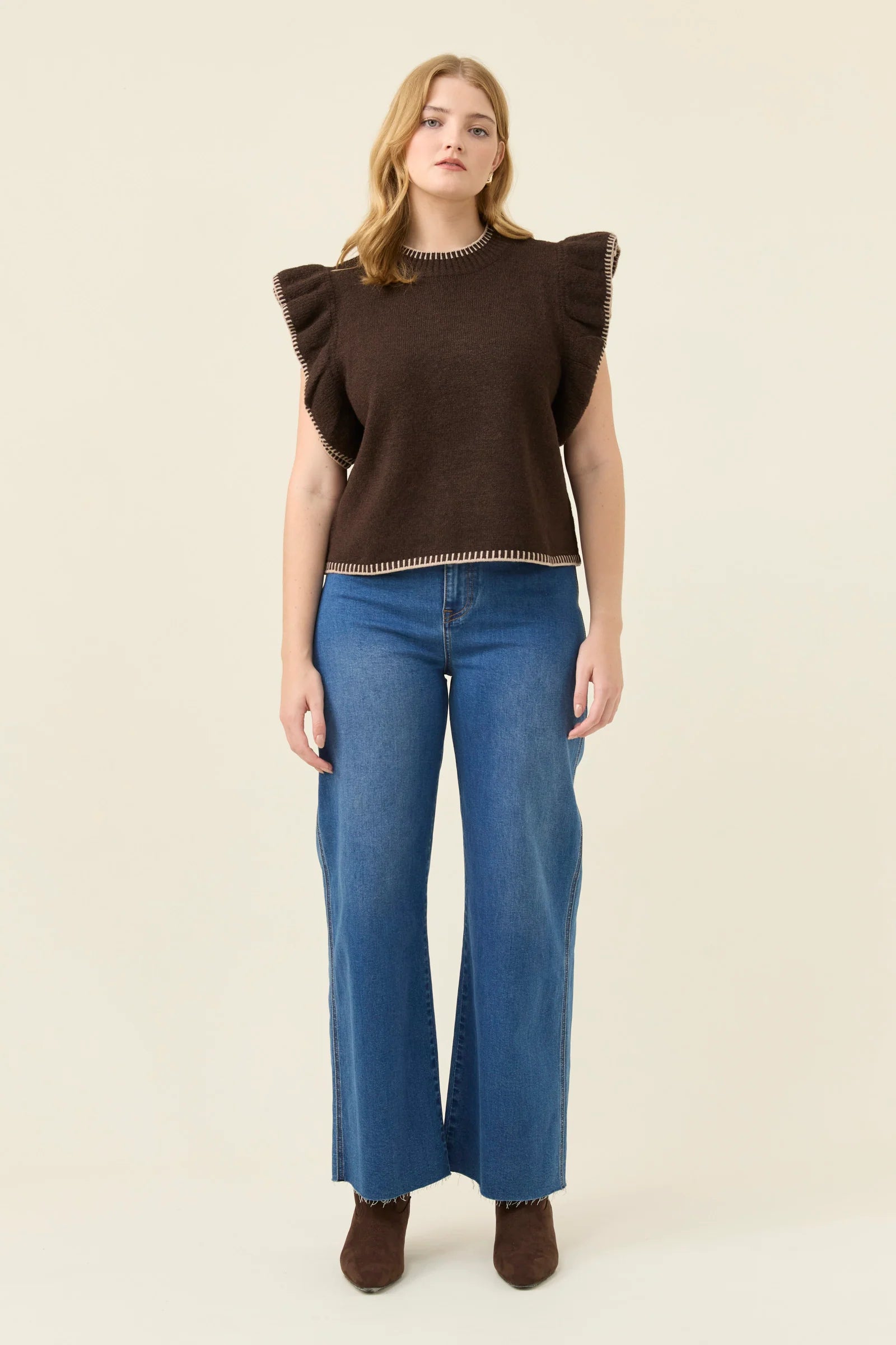 ATHENA FRILL KNIT TOP CHOCOLATE