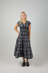 GATHERED TAFFETA MIDI DRESS TAFFETA CHECK