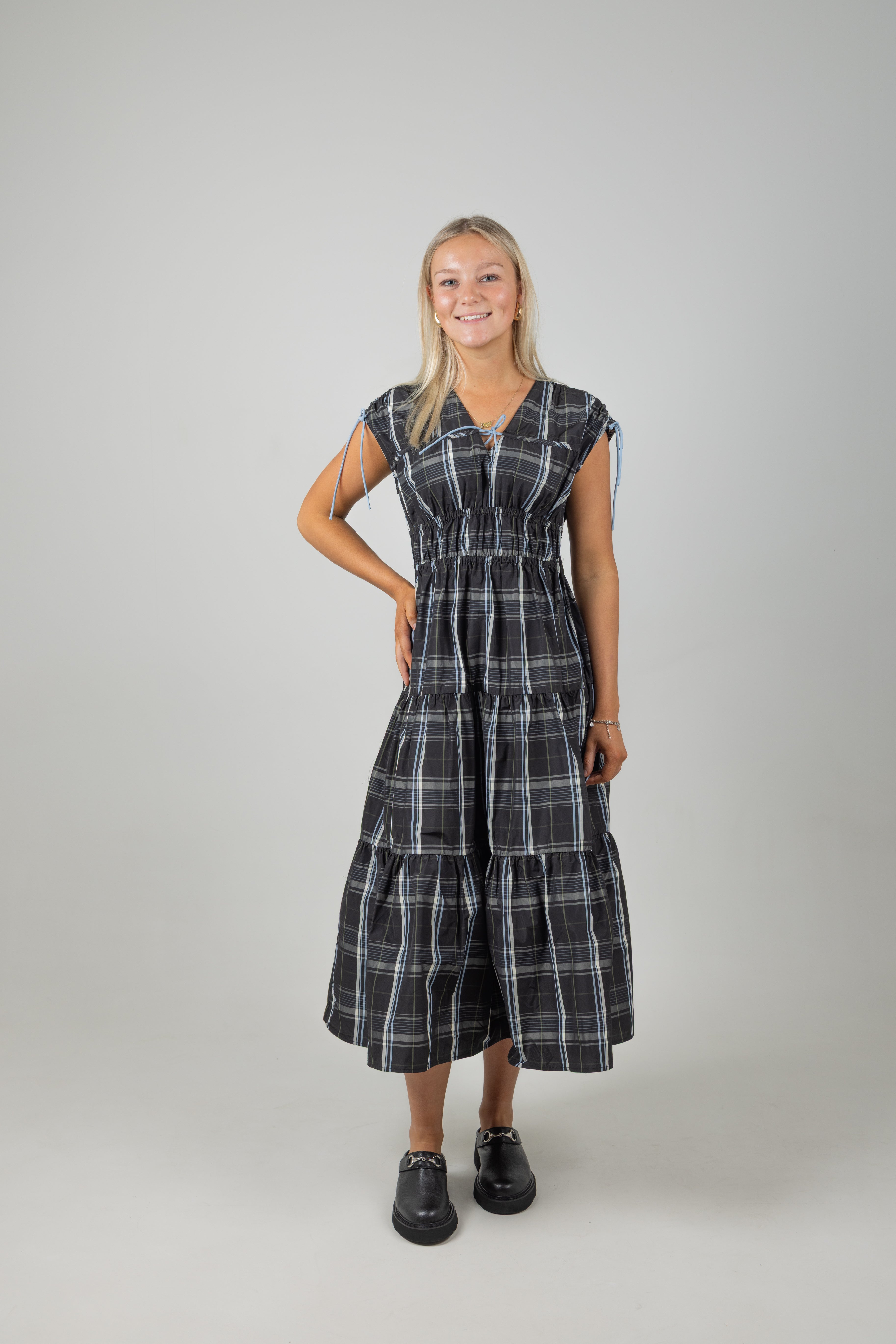 GATHERED TAFFETA MIDI DRESS TAFFETA CHECK