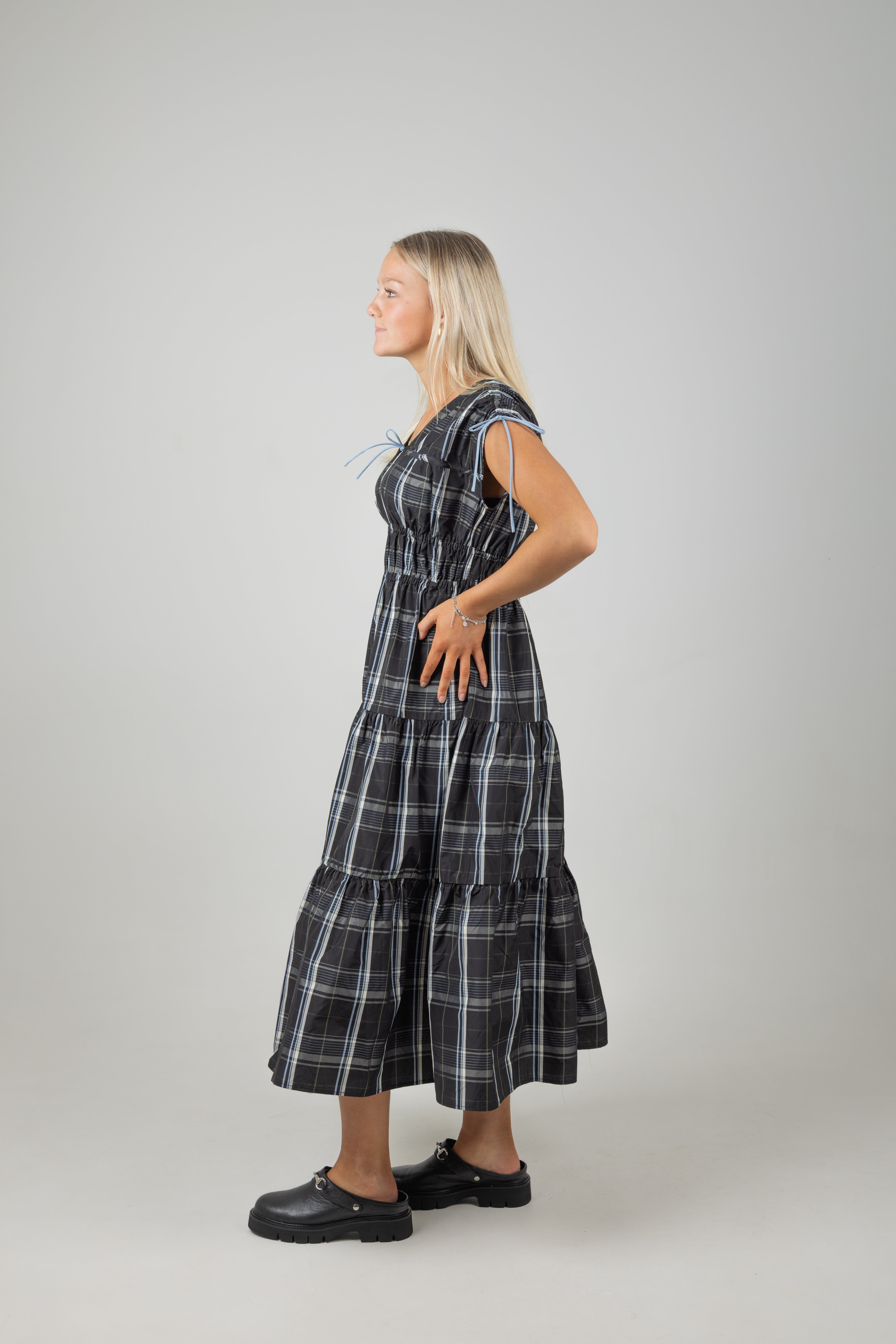 GATHERED TAFFETA MIDI DRESS TAFFETA CHECK