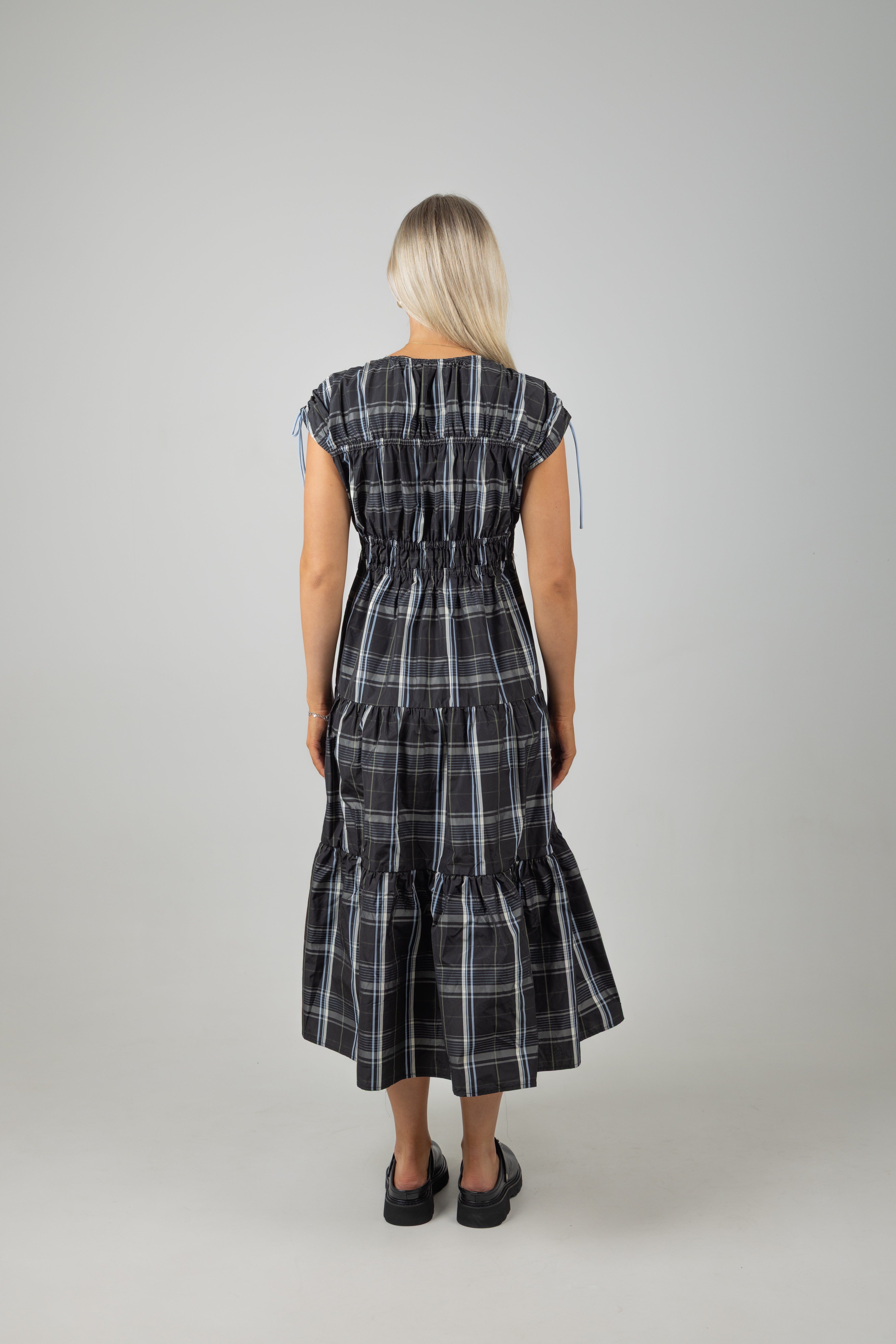 GATHERED TAFFETA MIDI DRESS TAFFETA CHECK