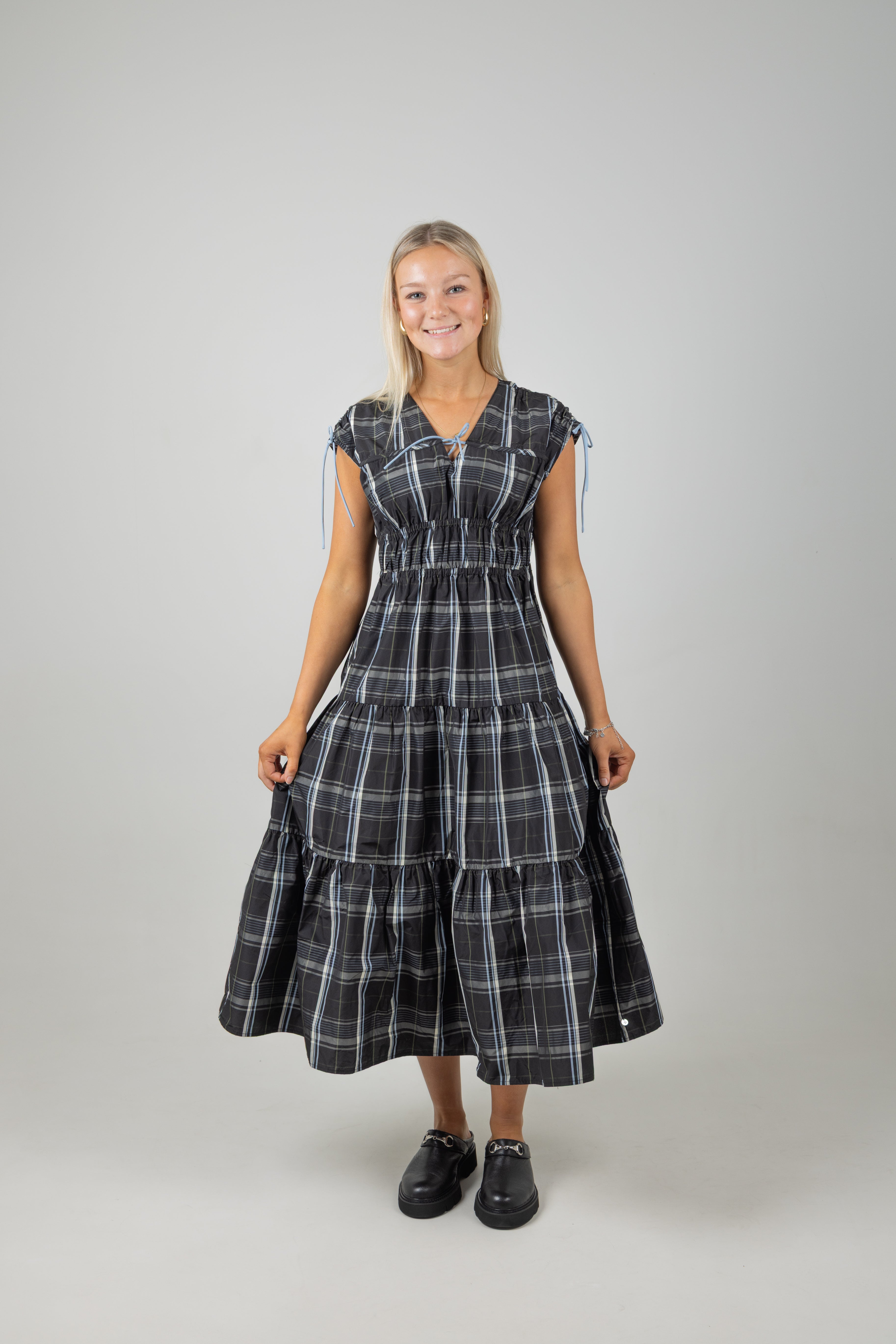 GATHERED TAFFETA MIDI DRESS TAFFETA CHECK