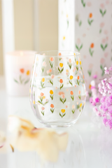 TULIP PRINT STEMLESS WINE GLASS