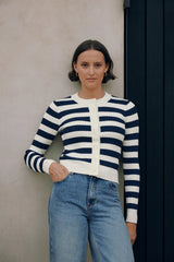 CLASSIC STRIPE KNIT CARDI CHALK NAVY