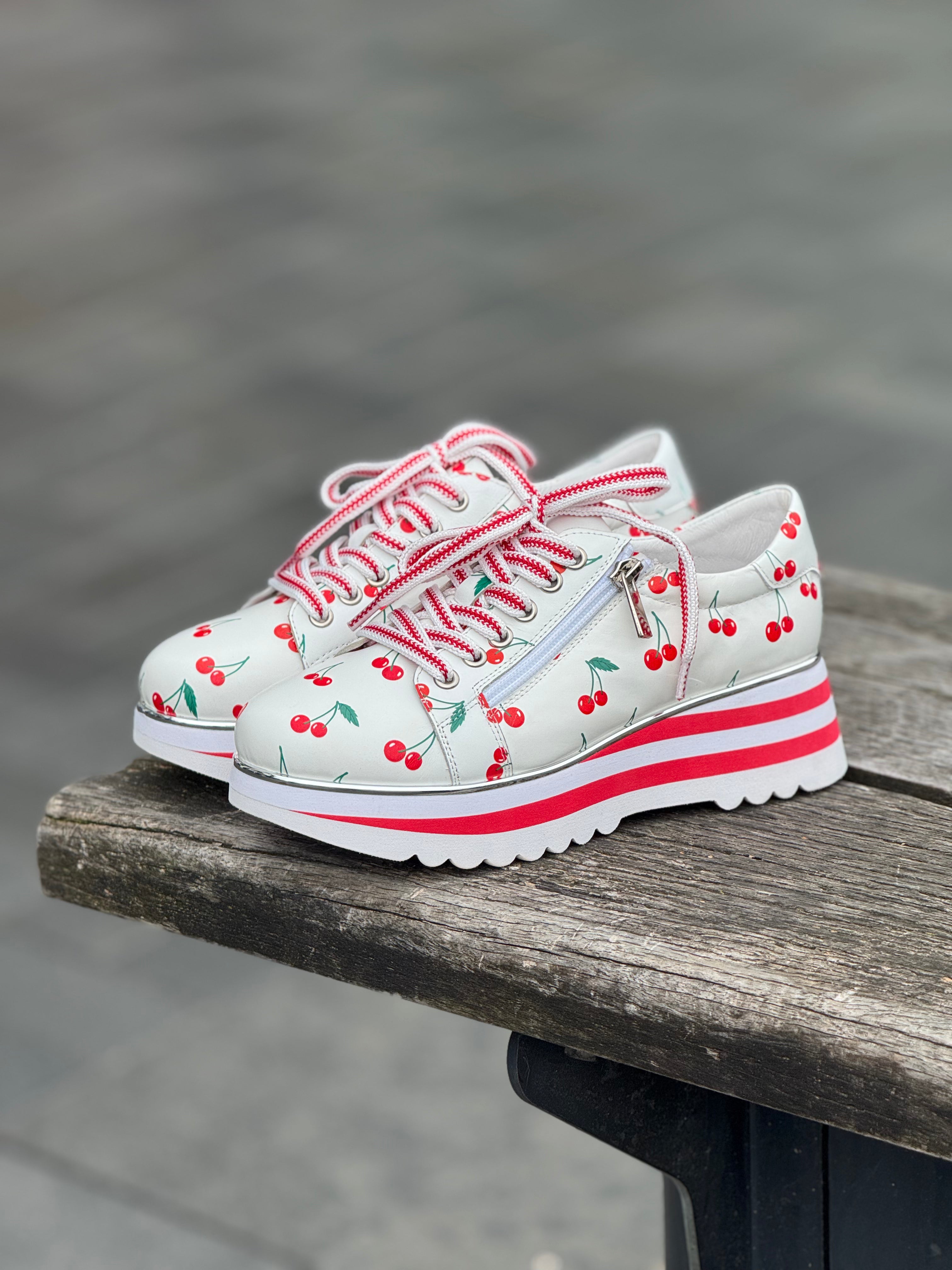 EAMMES LACE UP FLATS CHERRY PRINT LEATHER