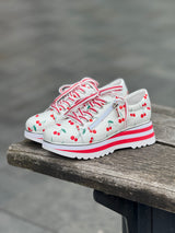 EAMMES LACE UP FLATS CHERRY PRINT LEATHER