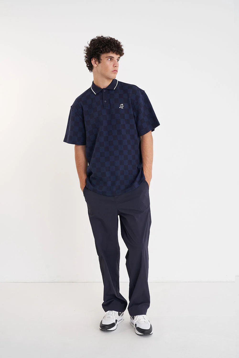 MENS CHECK PAR SS POLO NAVY