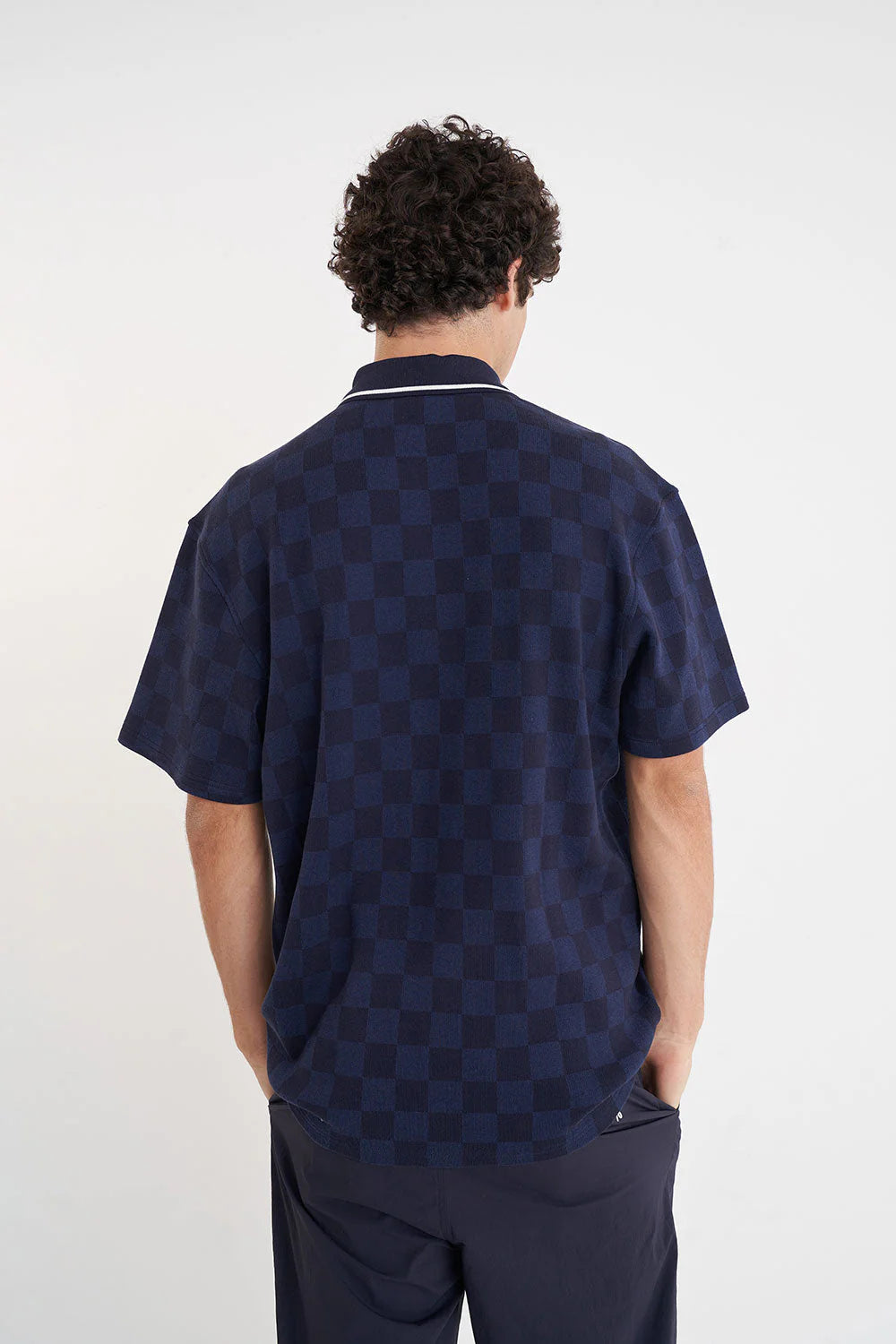MENS CHECK PAR SS POLO NAVY
