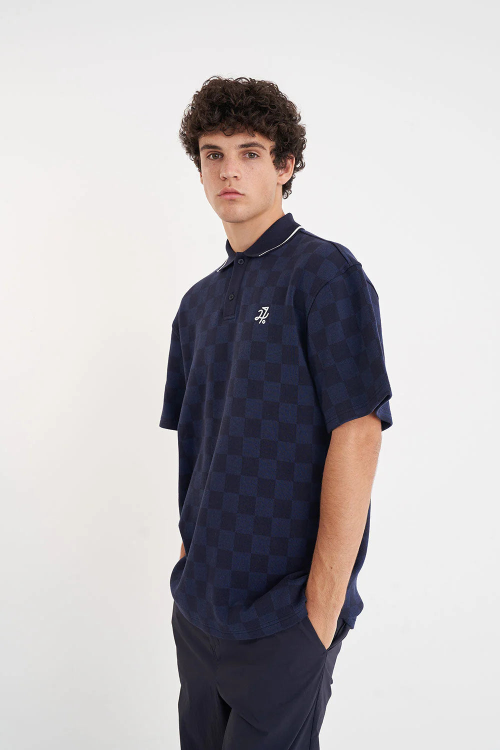 MENS CHECK PAR SS POLO NAVY