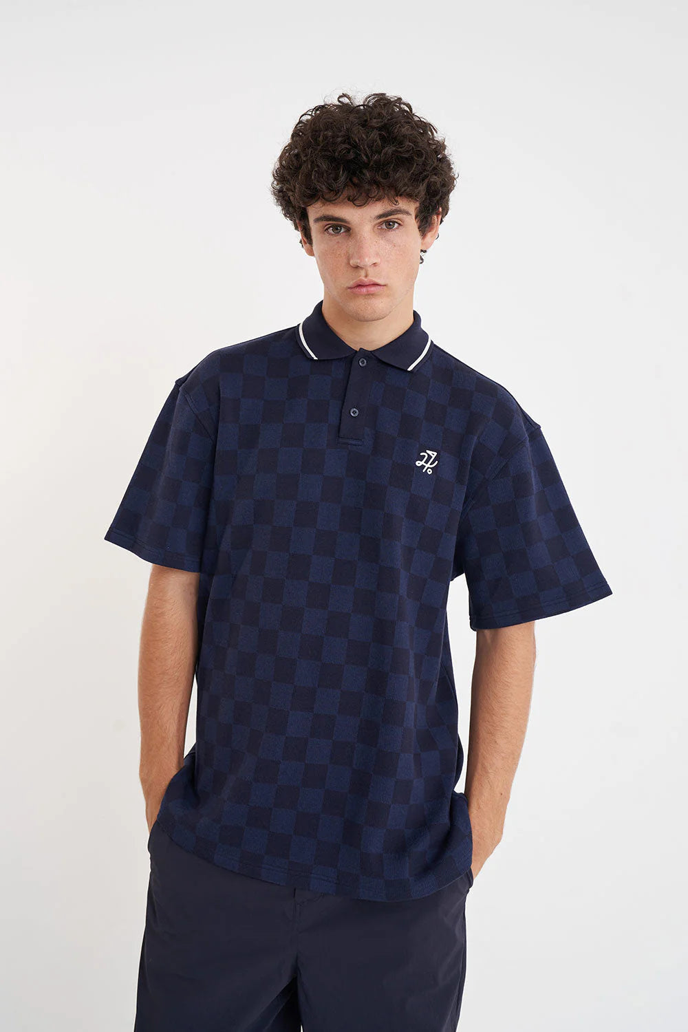 MENS CHECK PAR SS POLO NAVY
