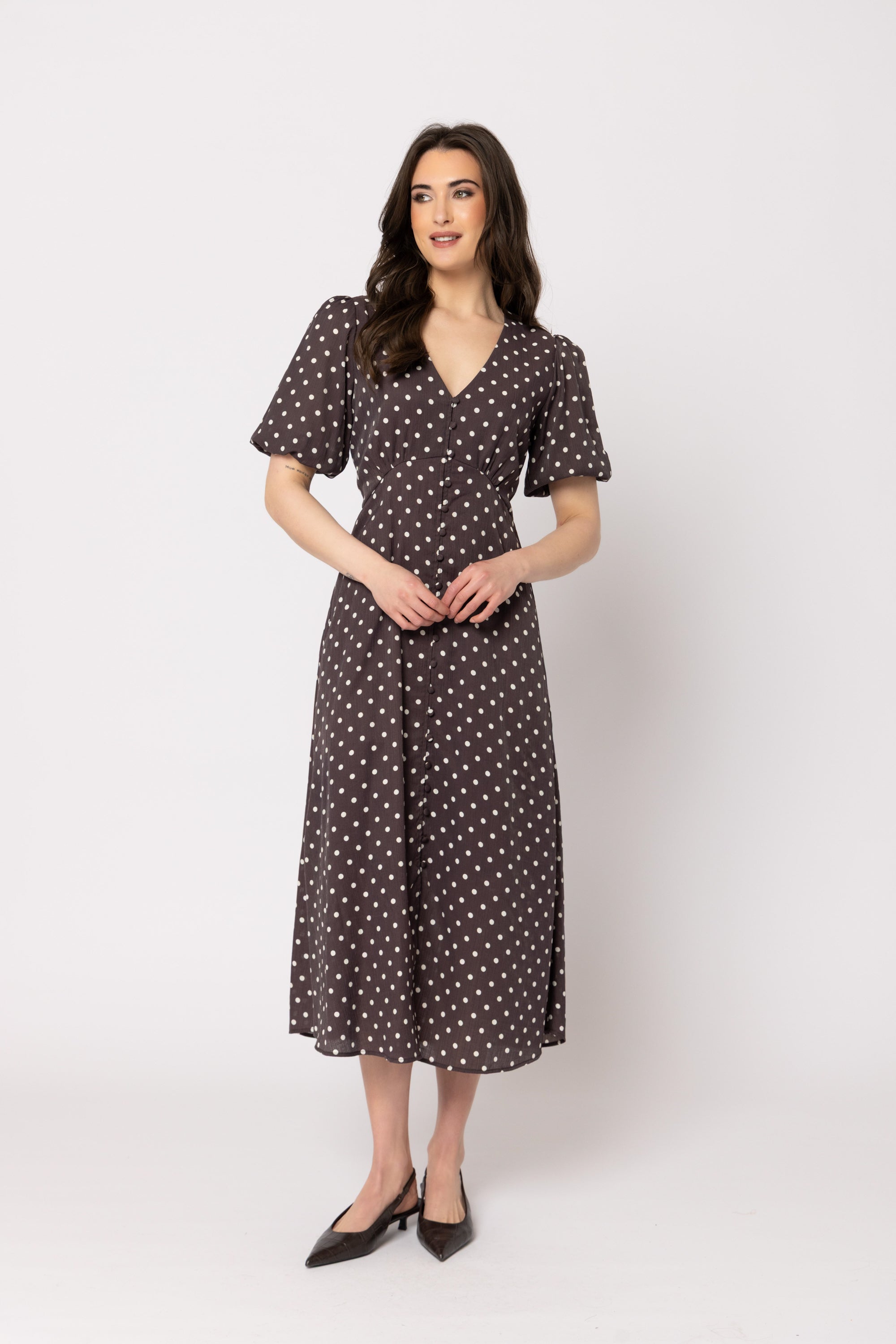 Seeking Lola Cheerful Dress Brown Spot, front