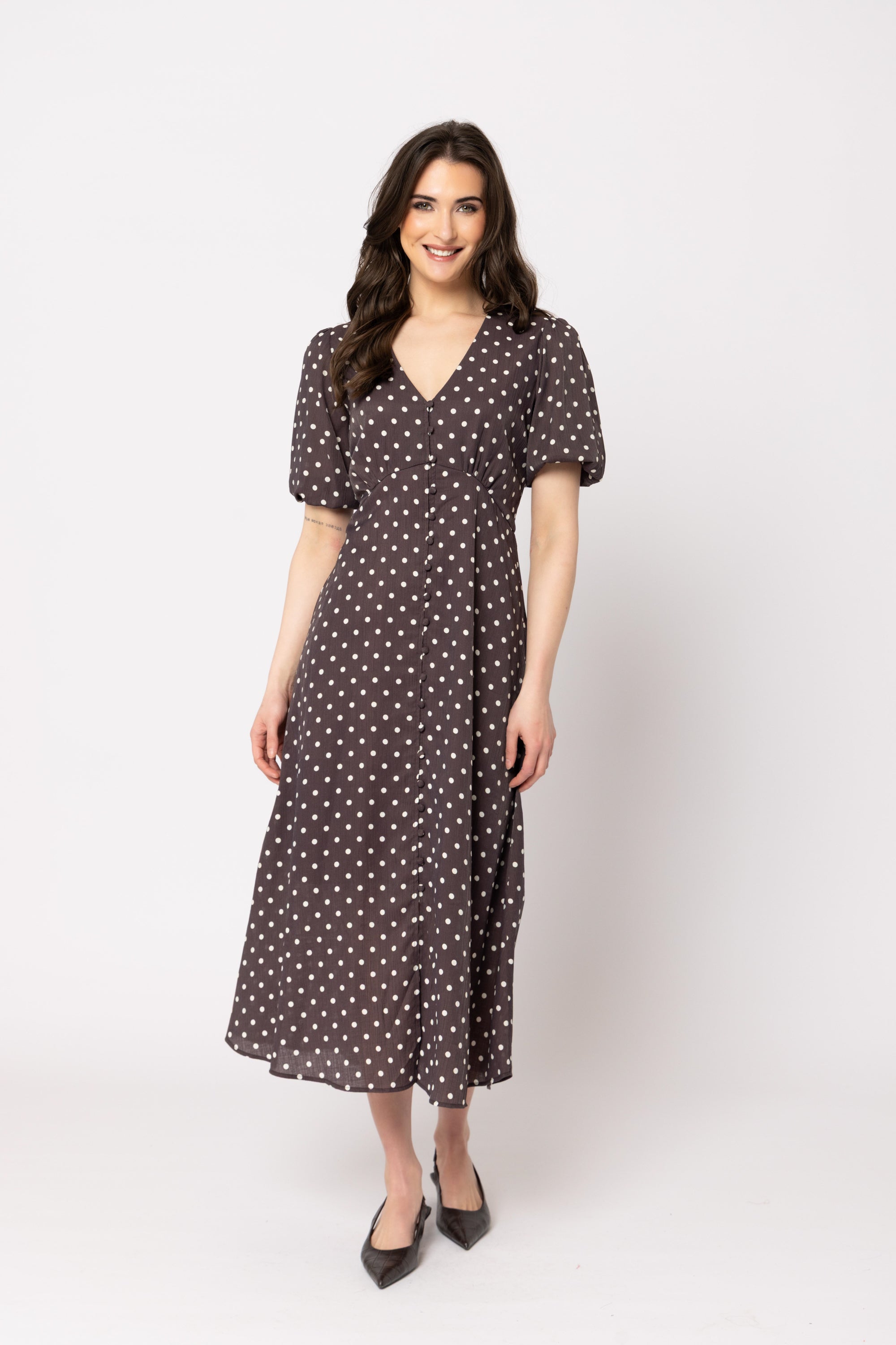 Seeking Lola Cheerful Dress Brown Spot, front, hands down