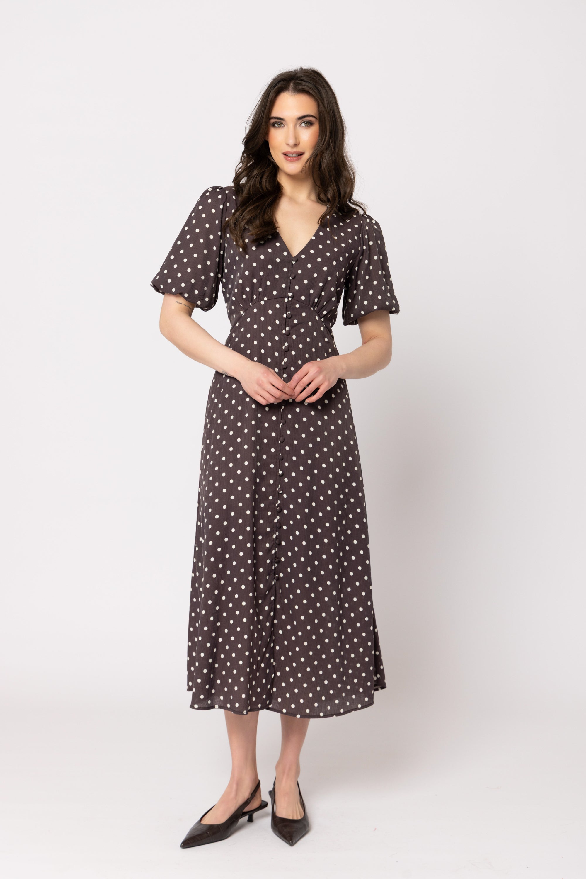Seeking Lola Cheerful Dress Brown Spot, front, hands together