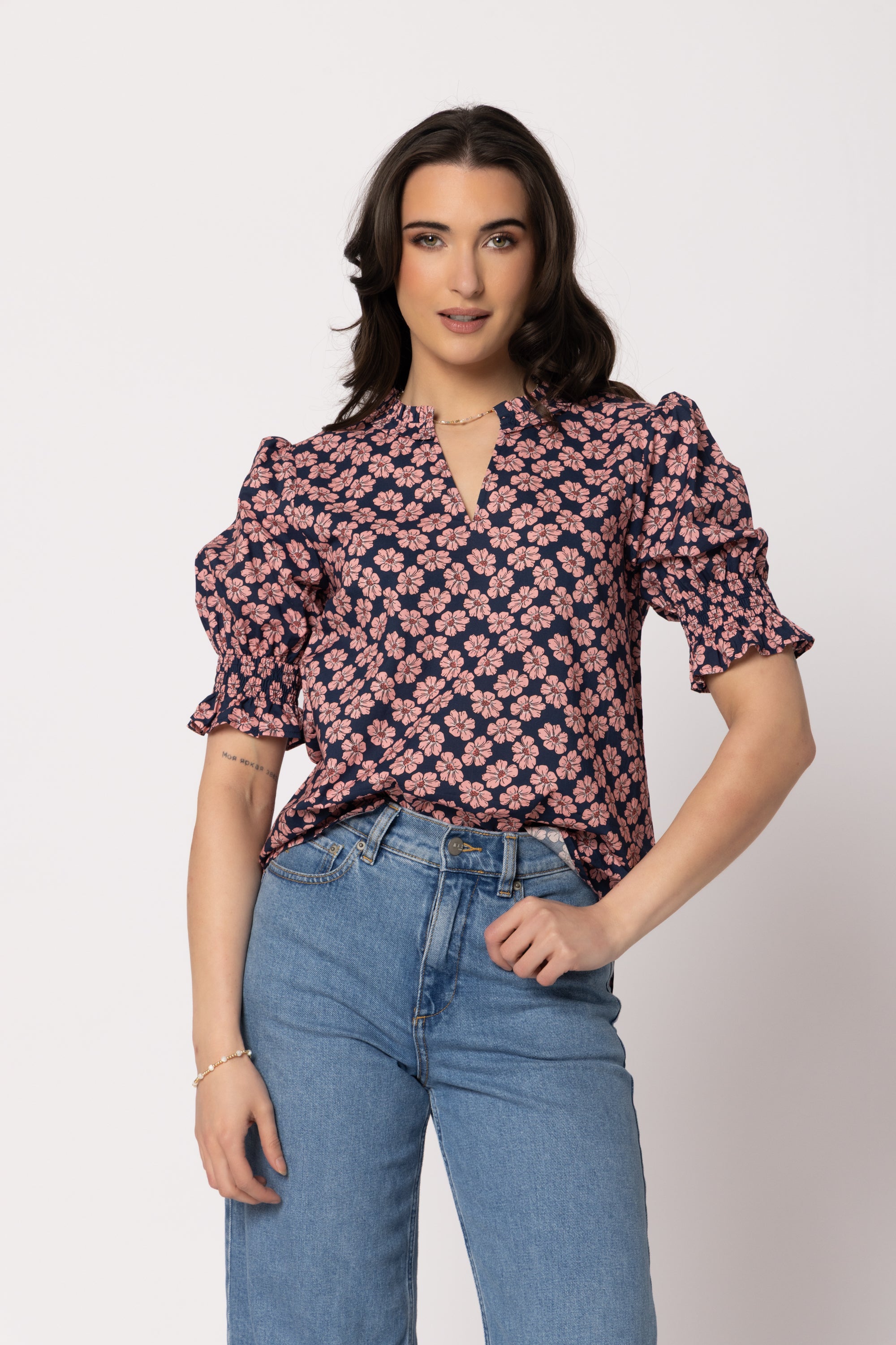 Ava Blouse Navy Blush Blossom