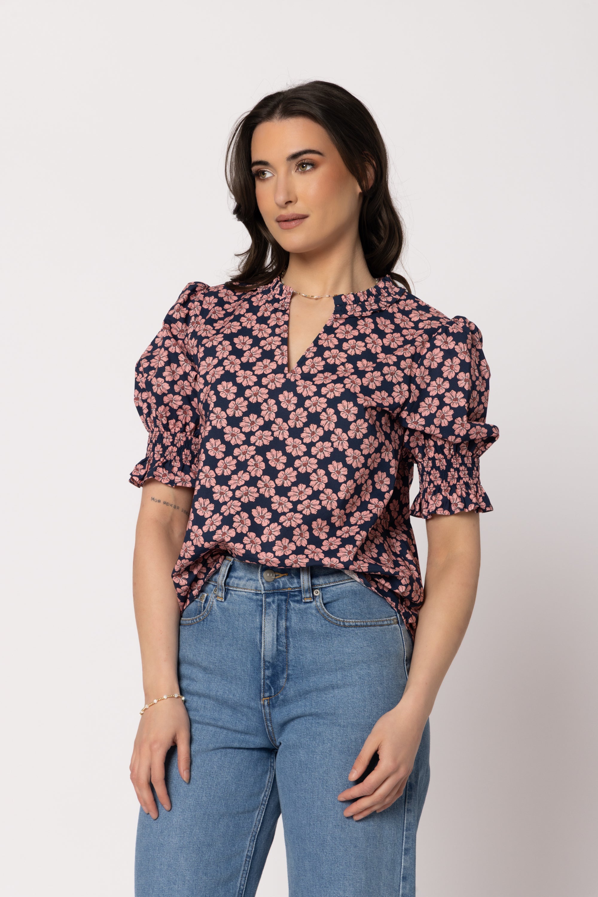 Ava Blouse Navy Blush Blossom