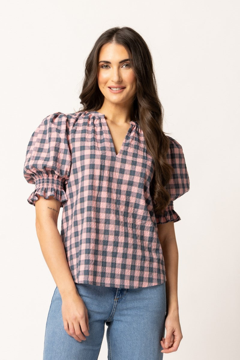 RELAXED BUTTERFLY TOP PINK TEAL GINGHAM