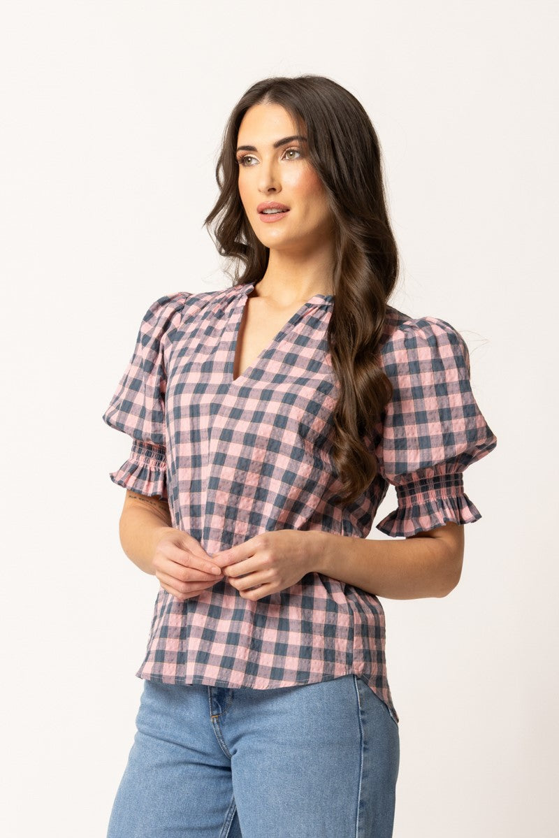 RELAXED BUTTERFLY TOP PINK TEAL GINGHAM