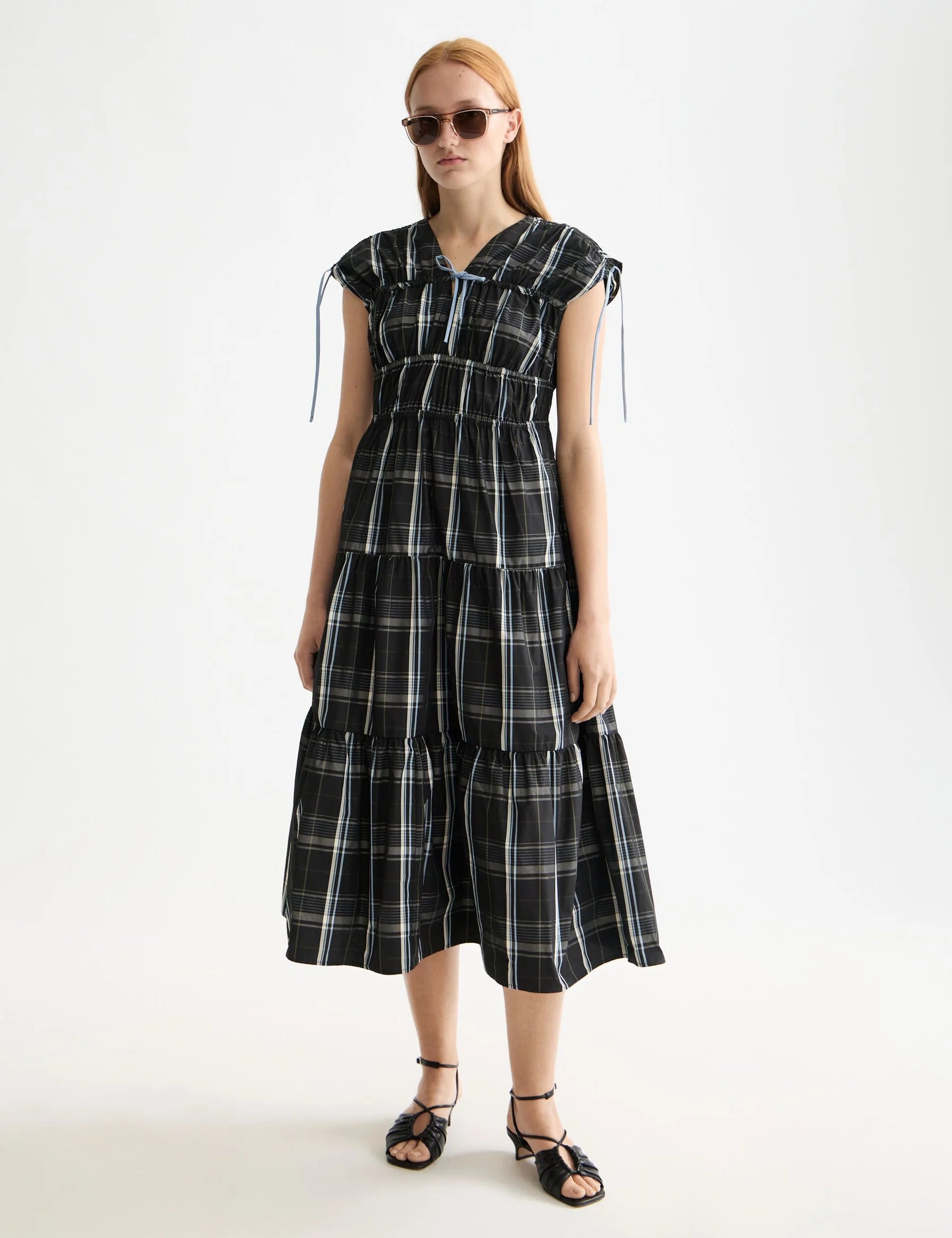 GATHERED TAFFETA MIDI DRESS TAFFETA CHECK