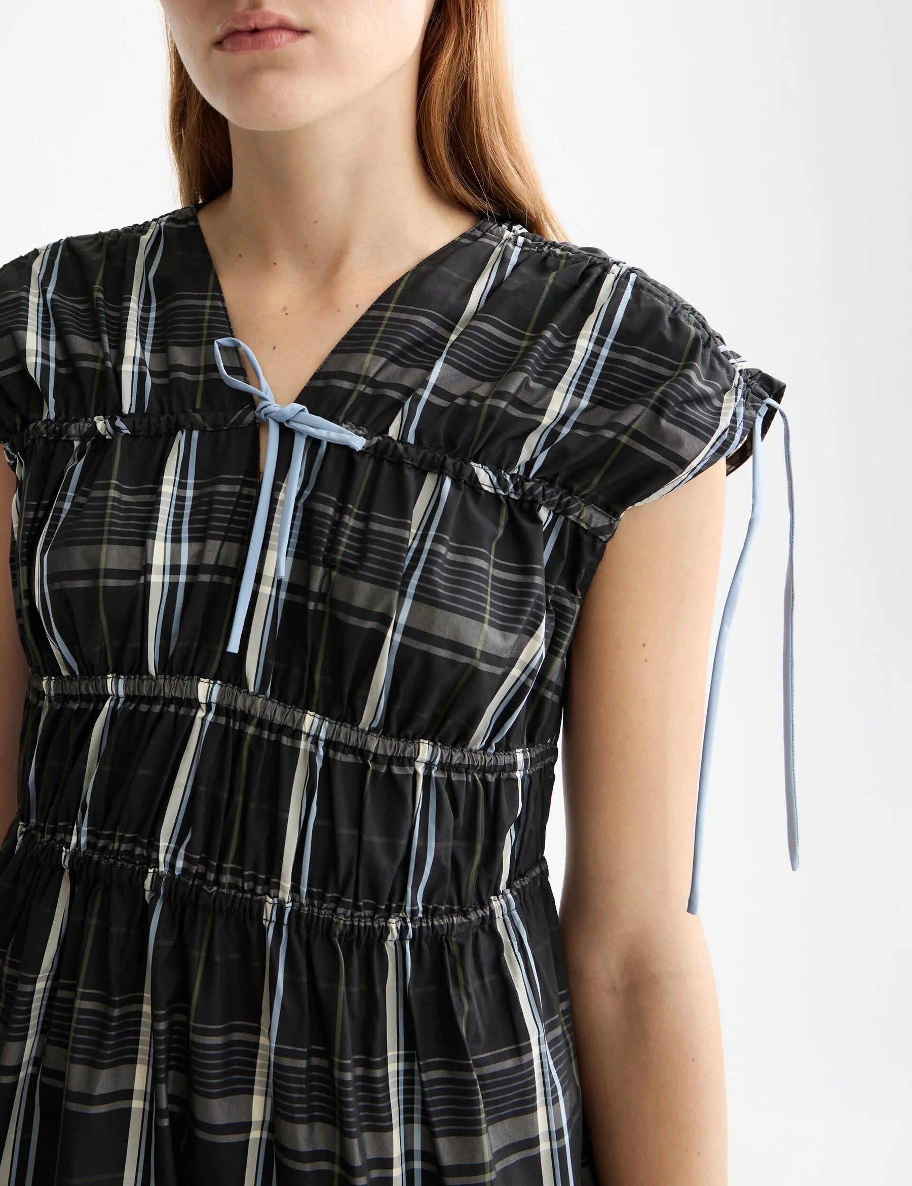 GATHERED TAFFETA MIDI DRESS TAFFETA CHECK