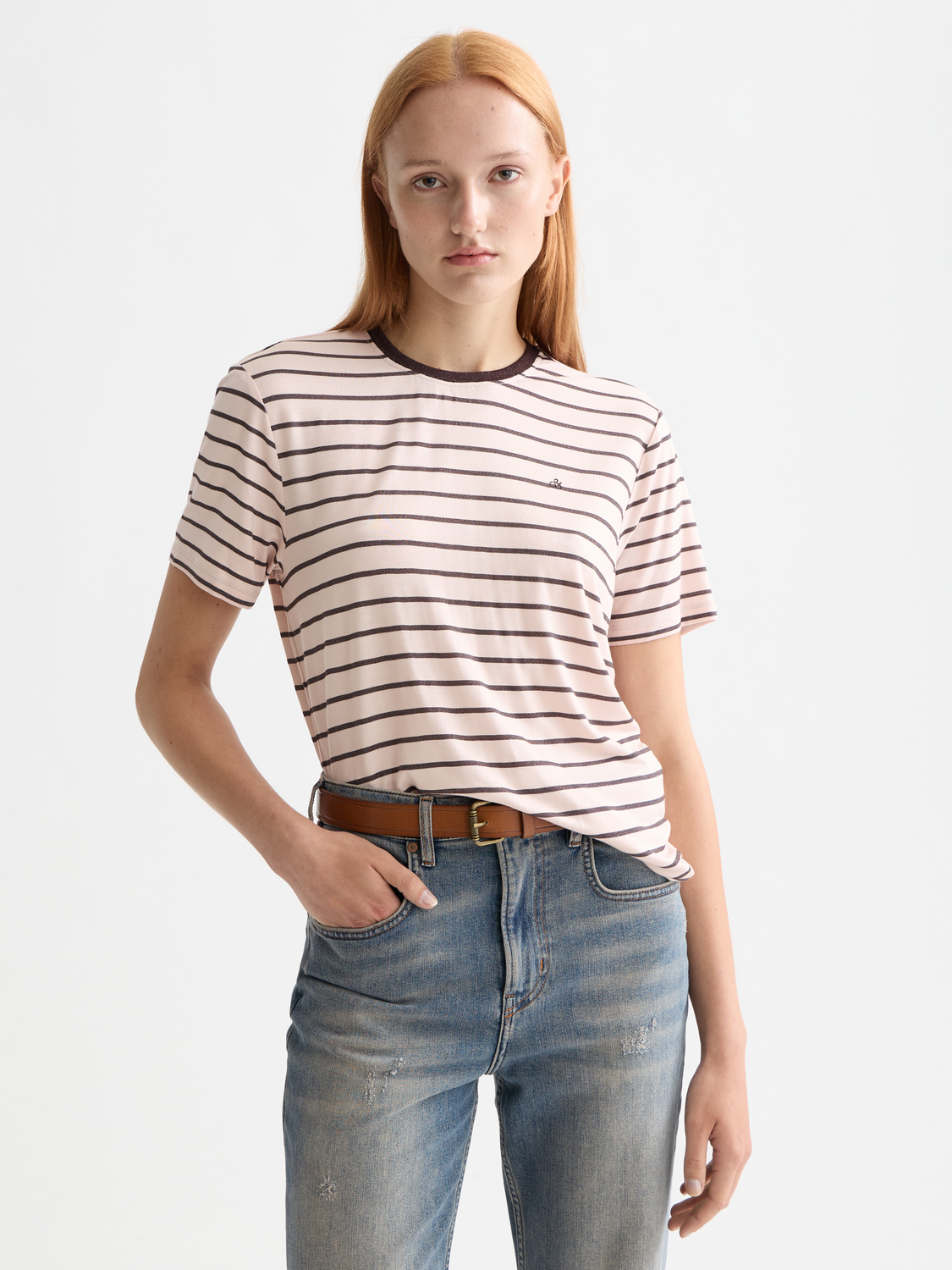 STRIPPED TEE BARLEY PINK CHOCOLATE