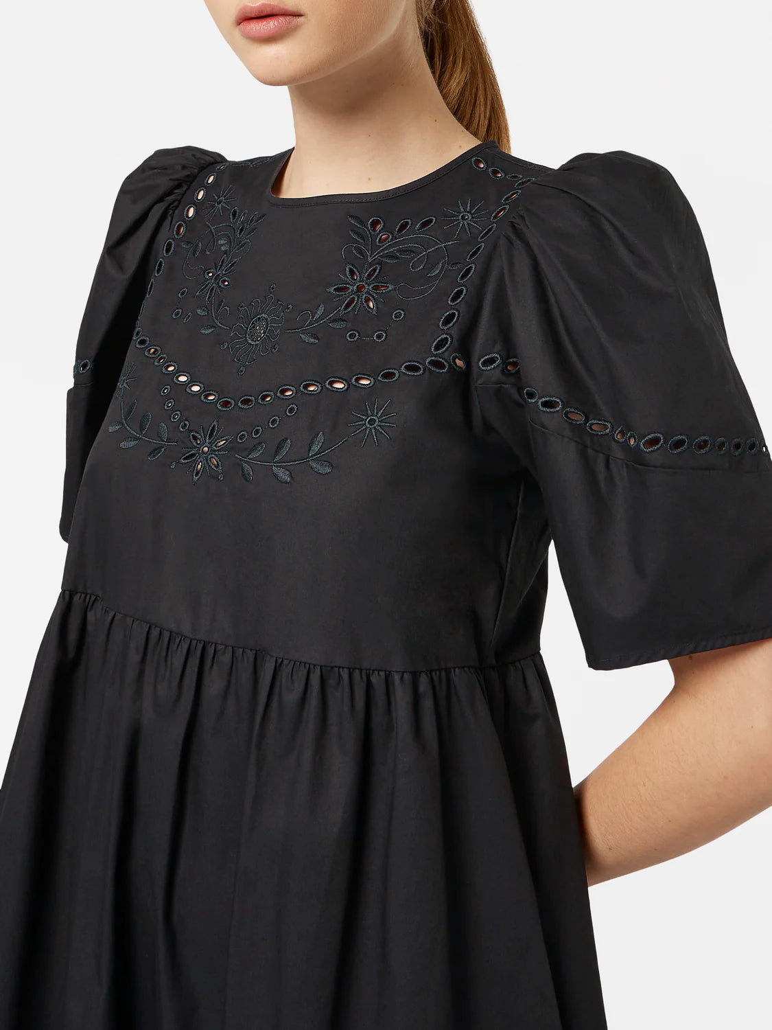 COTTON TWILL EMBROIDERED MIDI DRESS