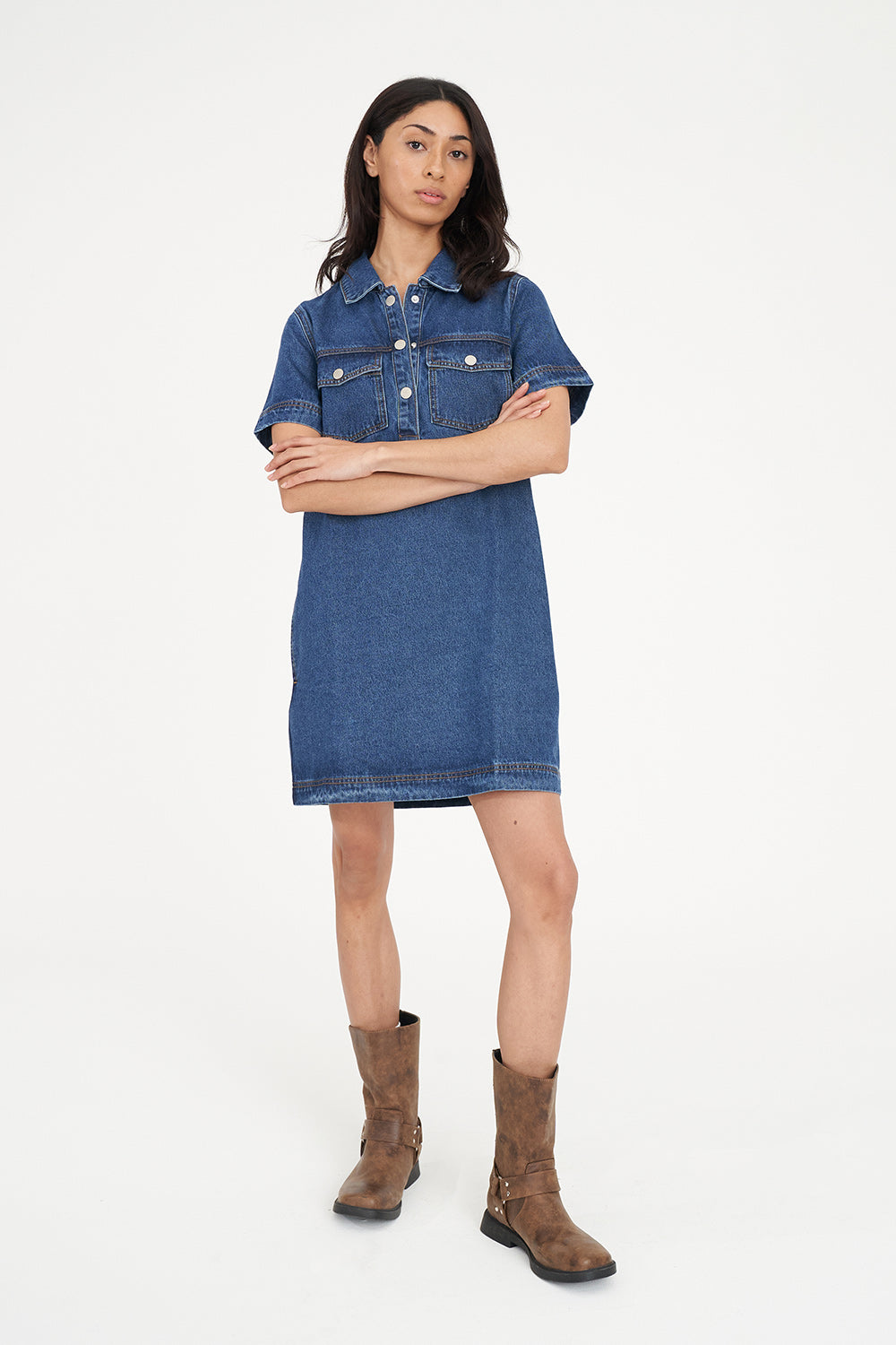 DENIM SS SHIRT DRESS RODEO BLUE