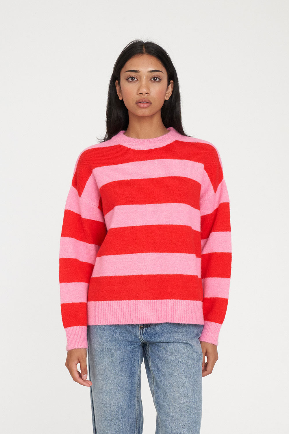 KENZIE STRIPE KNIT CREW PINK / RED