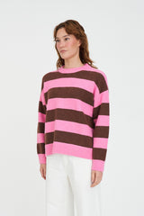 KENZIE STRIPE KNIT CREW PETAL CHESTNUT