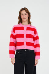ELLE CROP STRIPE CARDIGAN PINK/RED