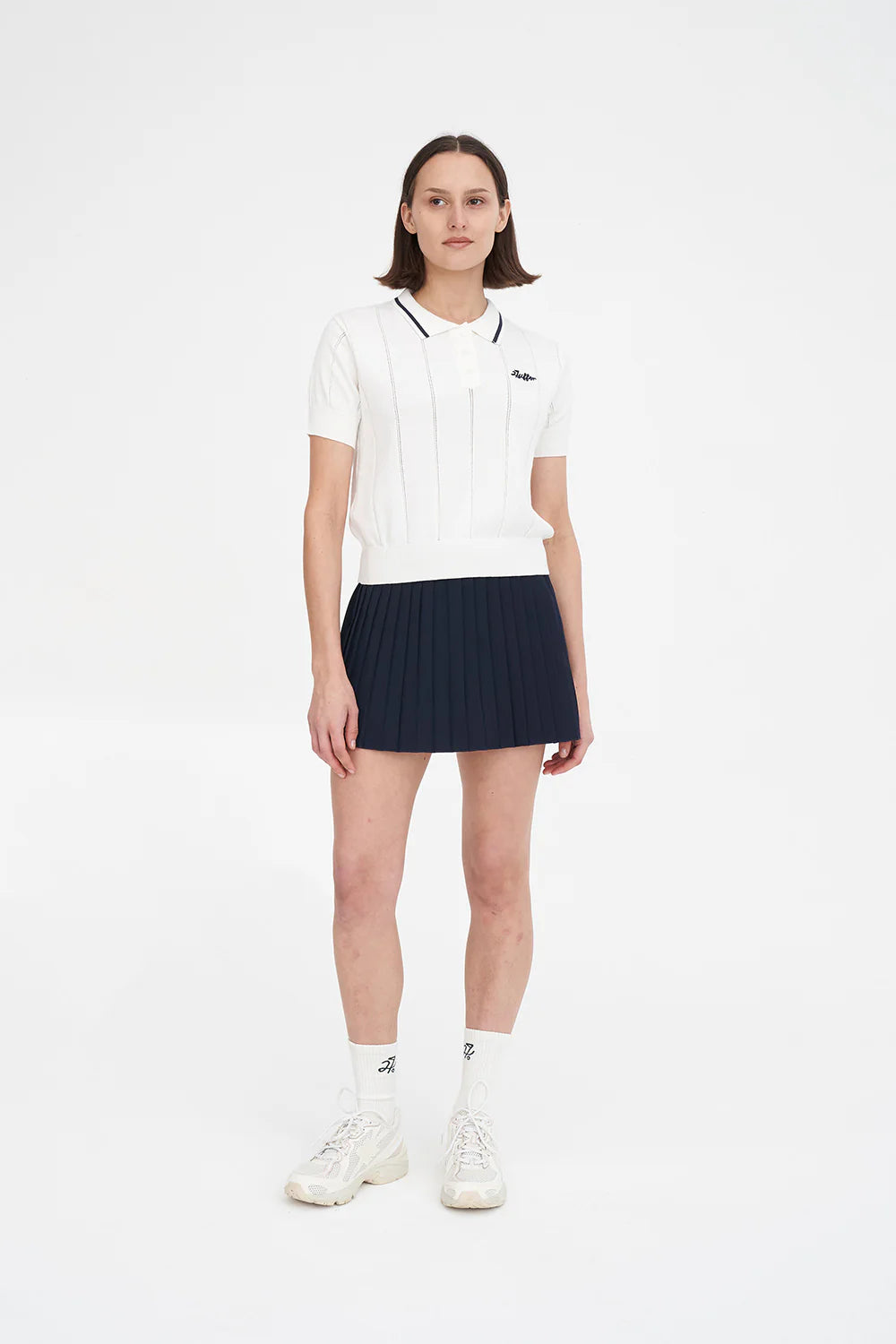 WOMENS LINE KNIT POLO CHALK NAVY