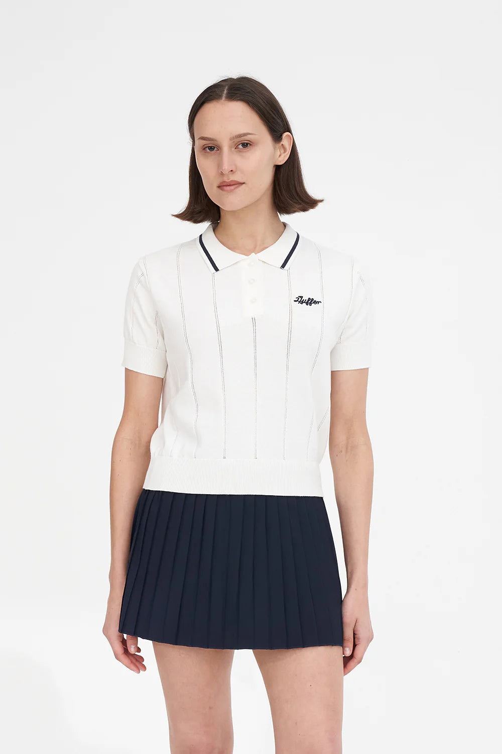 WOMENS LINE KNIT POLO CHALK NAVY