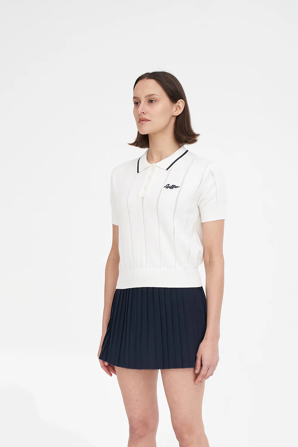 WOMENS LINE KNIT POLO CHALK NAVY