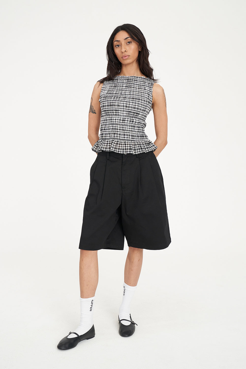 ROONEY GIGI SHIRRED TOP BLACK CHALK