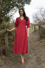 Seeking Lola red polka dot midi dress, new drop, pre-order now