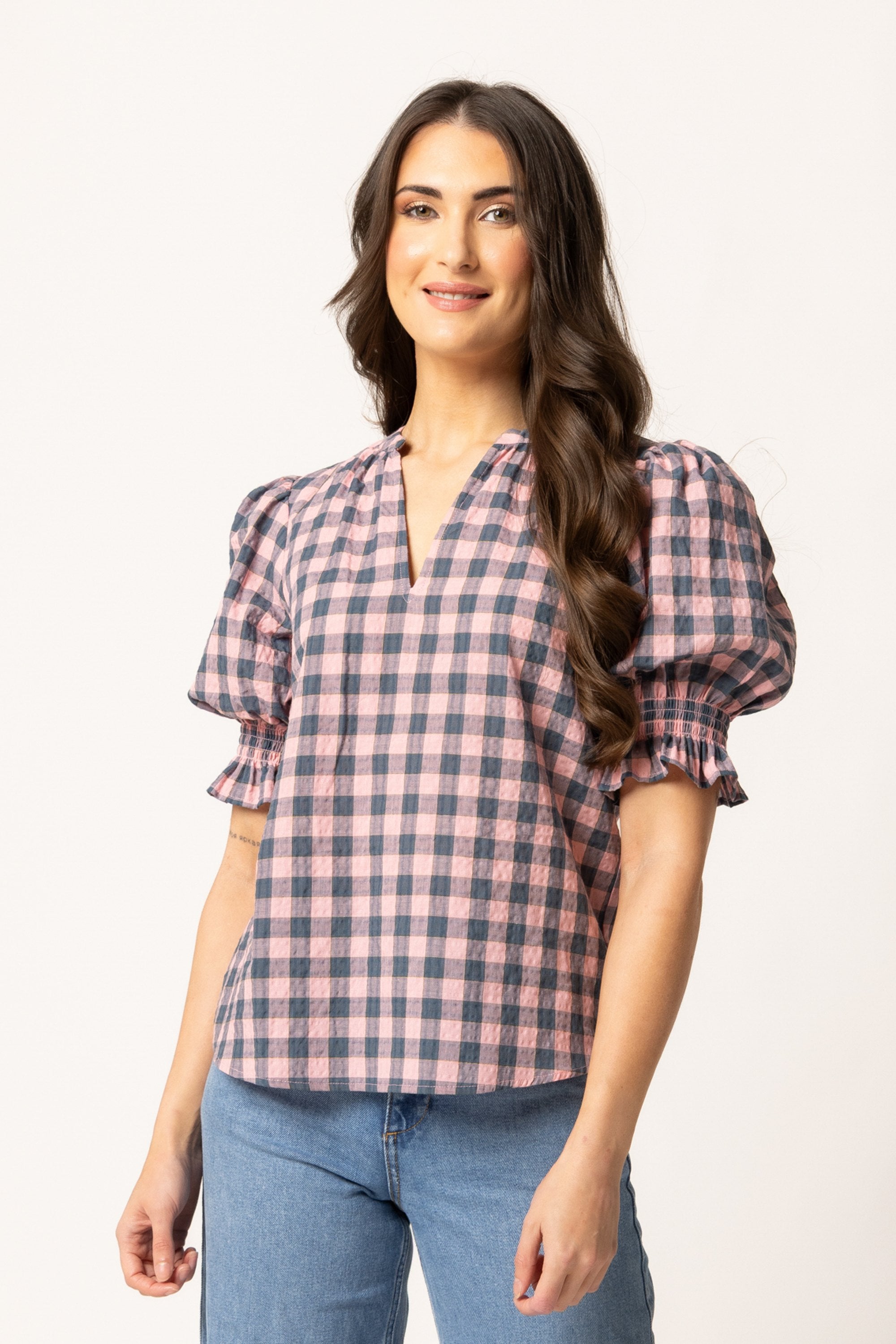 Relaxed Butterfly Top Pink Teal Gingham