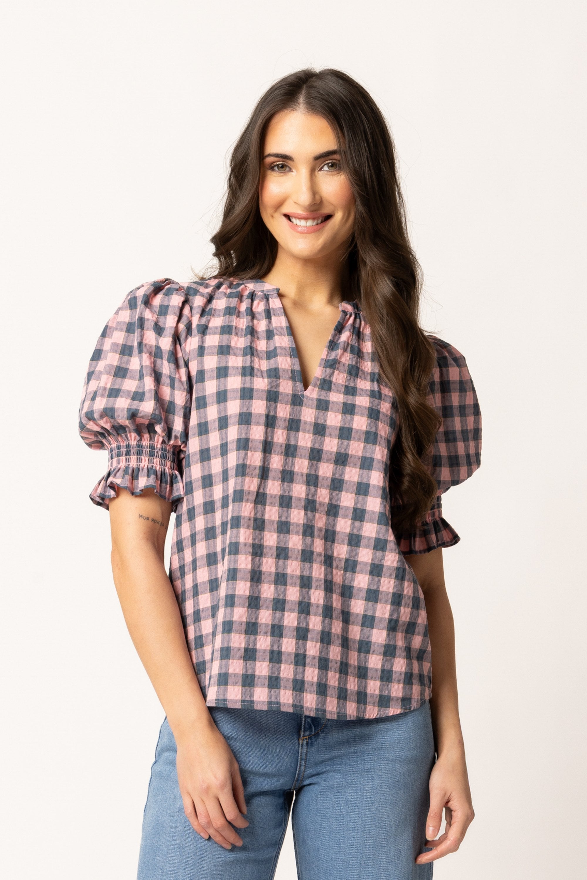 Relaxed Butterfly Top Pink Teal Gingham